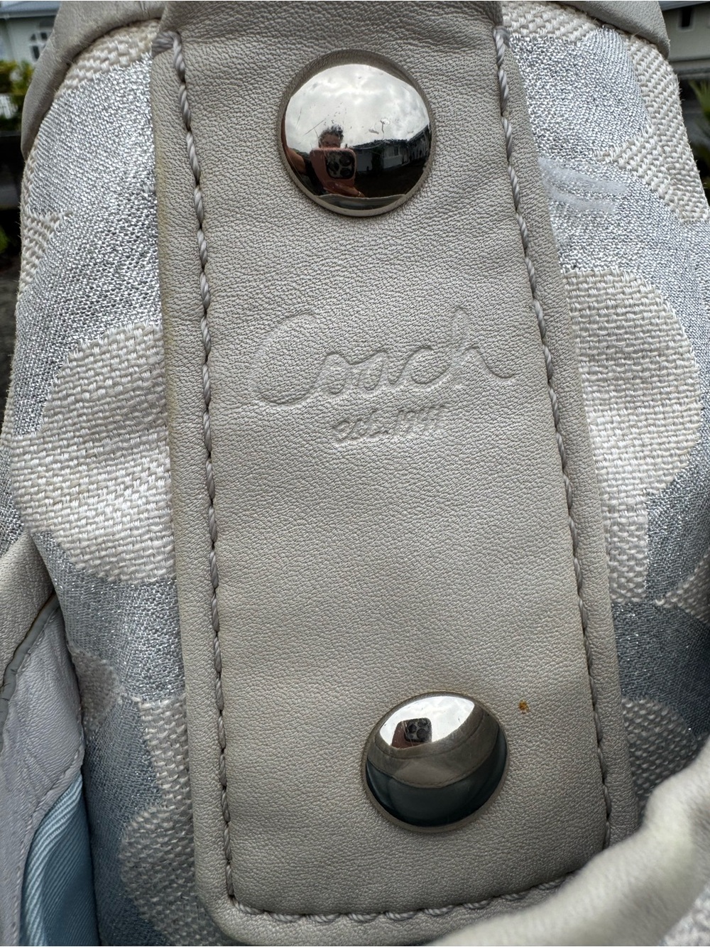 Coach 2008 Signature Lurex Metallic Canvas Shoulder Tote Bag White Silver 13508 - Picture 7 of 12